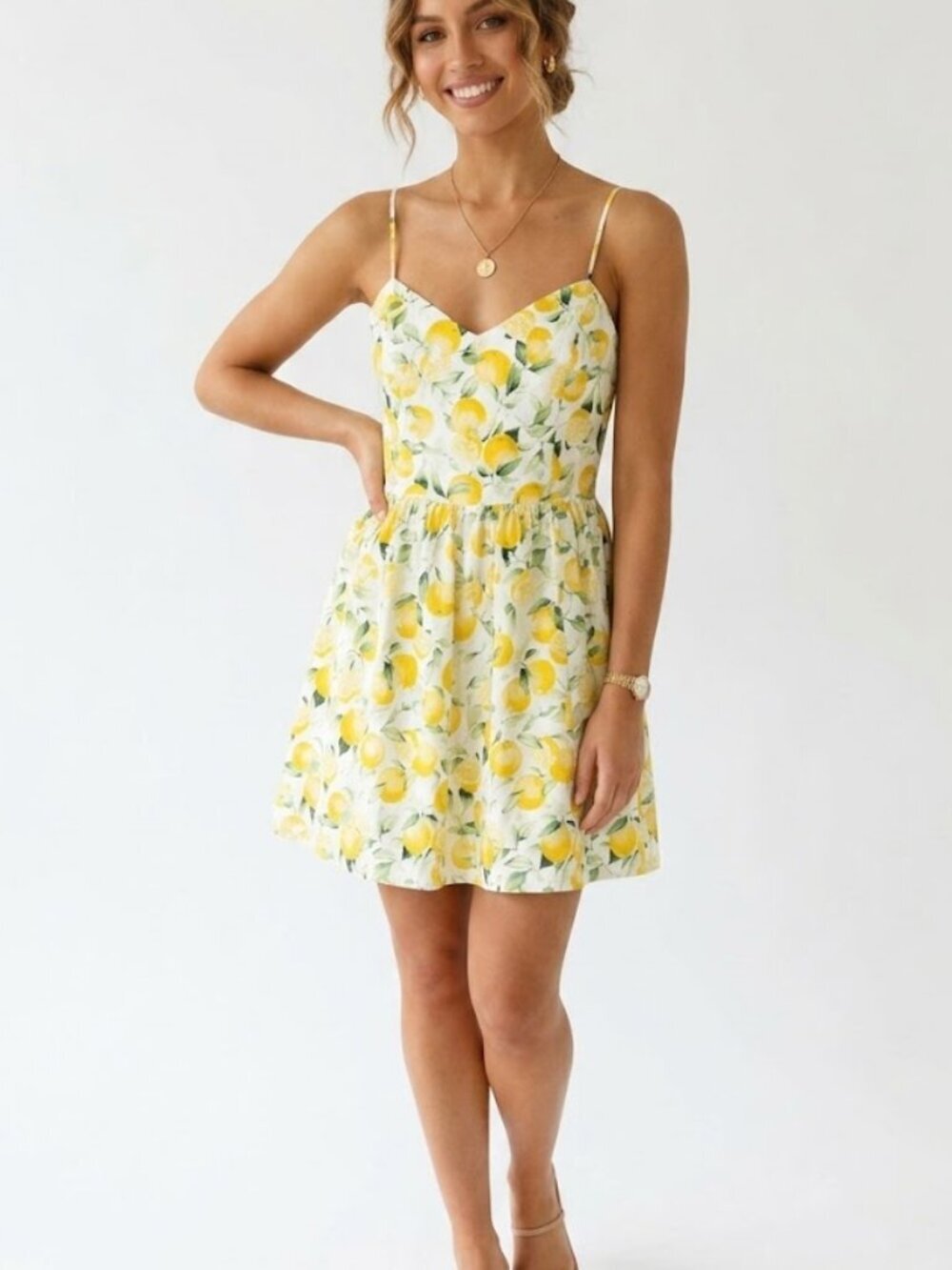 🍋 H&M Cotton Lemon Print Mini Summer Dress Size  Medium 🍋
